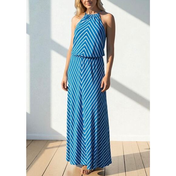 Lauren Ralph Lauren Striped Halter Maxi Dress Blue White Blouson Petite Size PM - Picture 1 of 9